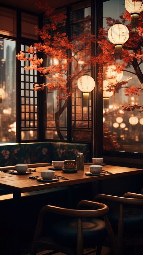 Chinese Autumn, Autumn Cafe, Coffee Mobile, Building Lighting, Wallpaper Autumn, Chinese Wallpaper, Restaurant Architecture, Awesome Designs, Restaurant Tables