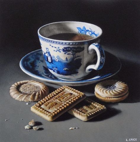 Lucy Crick | Tea and Malted Milk Biscuits Tea Still Life, Malted Milk Biscuits, Paint Apron, Helen Warlow, Tea And Biscuits, Milk Biscuits, Leave Art, Tea Biscuits, Malted Milk