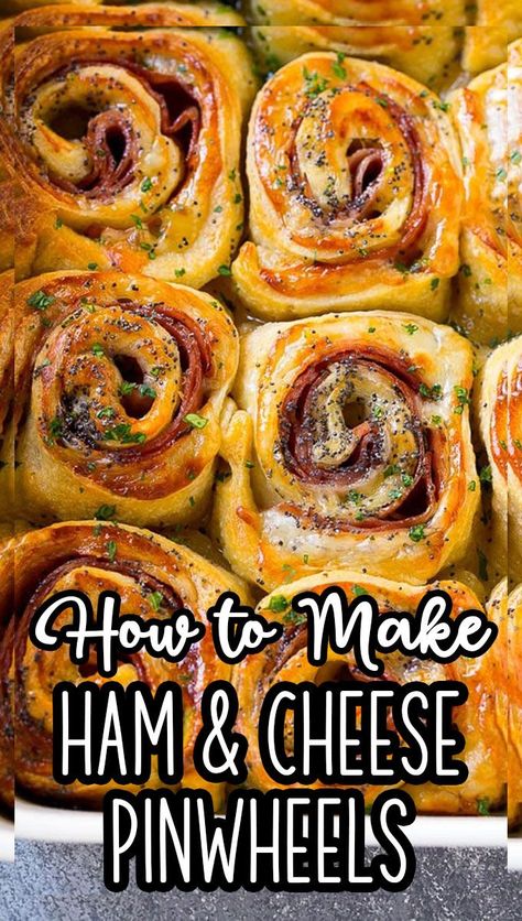 These hot ham and cheese pinwheels are rolls loaded with plenty of meat and swiss, then topped with a butter poppy seed sauce and baked to golden brown perfection. Ham Cheese Pinwheels, Breakfast Rolls Recipe, Breakfast Pinwheels, Spinach Cheese Puffs, Ham Cheese Rolls, Main Dish For Potluck, Hot Ham And Cheese, Cheese Puffs Recipe, Ham And Cheese Roll Ups