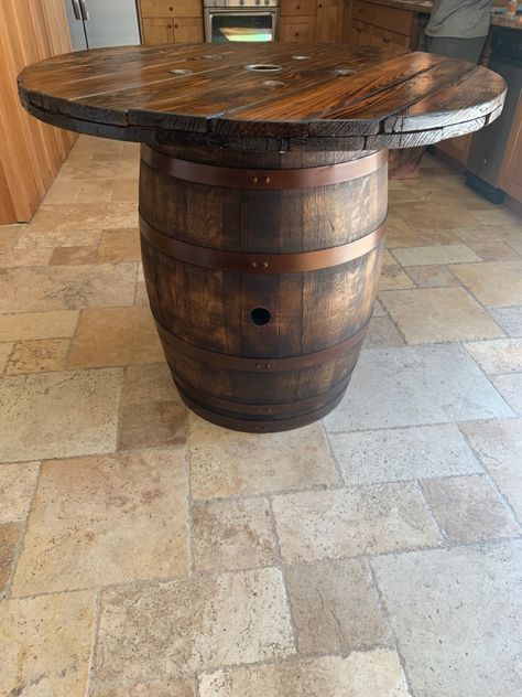 Wine Barrel Diy, Pirate Bar, Whiskey Barrel Table, Barrels Diy, Antique Ideas, Wine Barrel Table, Barrel Ideas, Barrel Projects, Wire Spool