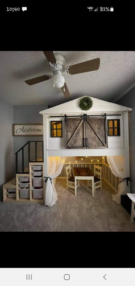 Loft Bed For Playroom, Barn Beds For Kids, Bottom Bunk Fort, Playroom With Slide, Bunk Bed Playhouse, Loft Bedroom Kids, Playhouse Loft Bed, Bunker Bed, Fort Ideas