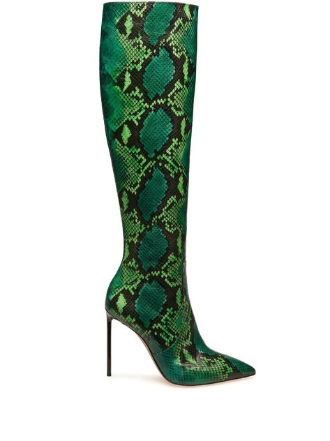 Barbra 105 snakeskin-effect boots from BALLY featuring snakeskin effect, side zip fastening, pine green, goat skin, leather, knee length, pointed toe, branded insole and high heel. Green Snake Boots, Snake Skin Boots, Snake Boots, Zipper Jewelry, Girl Boots, Snakeskin Boots, Leather Biker Boots, Green Boots, Green Snake