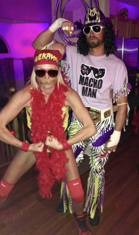 Hulk Hogan Randy Savage Costume, Pro Wrestler Halloween Costume, Macho Man Costume Diy, Hill Hogan Costume Women, Macho Man Costume Woman, Hill Hogan Costume, Female Hulk Hogan Costume, Couple Costumes 2022 Unique, Hulk Hogan Couples Costume