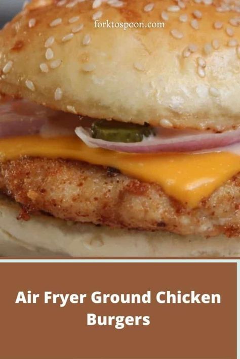 Air Fryer Ground Chicken Burgers Air Fryer Ground Chicken, Chicken Patty Recipes, Ground Chicken Burgers, Crisp Recipes, Fried Chicken Burger, Chicken Burgers Recipe, Ground Chicken Recipes, Chicken Sandwich Recipes, Chicken Burger