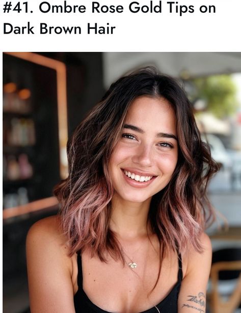 Dark Brown To Rose Gold Ombre, Dark Brown Hair Rose Gold Balayage, Black To Rose Gold Ombre Hair, Pink Balayage Medium Hair, Dark Brown Rose Gold Balayage, Dark Red To Pink Ombre Hair, Rose Brown Ombre Hair, Rose Gold And Gray Hair, Fashion Color Money Piece