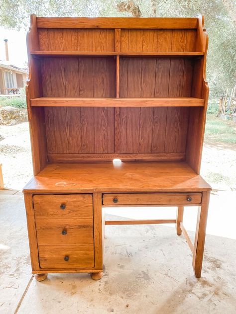 It’s amazing what you could do with a little creativity and a piece of old furniture. Hutch Top Repurposed Ideas, Halloween Yard Ideas, Contact Paper Ideas, Dresser Makeover Ideas, Repurposed Hutch, Refinished Desk, Refurbished Desk, Repurposed Desk, Desk Makeover Diy