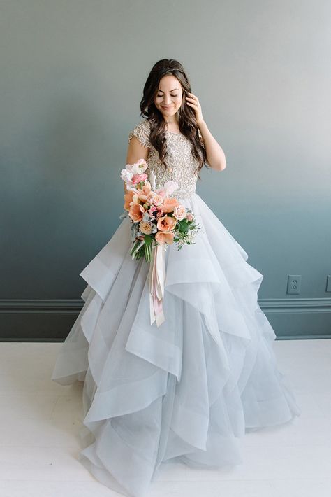 Pastel Layered Wedding Dress with a Crystal Bodice Pastel Wedding Dresses, Periwinkle Wedding, Layered Wedding Dresses, Crystal Wedding Dresses, Grey Wedding Dress, Crystal Wedding Dress, Wedding Dress Organza, Sparkle Wedding Dress, Farm Tables