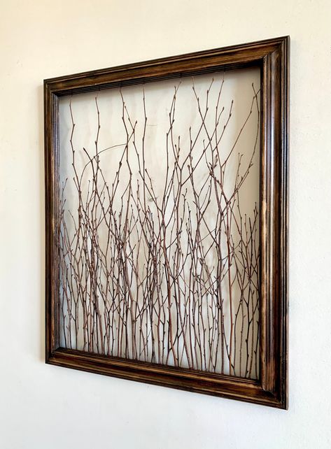 "These handmade rustic framed birch twigs / branches will surely add a touch of nature into your home. Wooden frame has been stained in \"aged\" dark walnut. Listing is for ONE X-LARGE frame only and is designed as an open frame (no glass).  MOUNTING HARDWARE INCLUDED! Frame has sawtooth hangers attached to the back and is ready to hang. Screws and anchors are also included. Orders will be shipped via Fedex Home Delivery or USPS Priority Mail. Frame Dimensions: 19\" width x 23\" height x 1.5\" d Birch Branch Decor, Rustic Home Decor Bathroom, Branch Art, Birch Branches, Diy Wall Art Decor, Home Decor Bathroom, Branch Decor, Rustic Frames, Open Frame