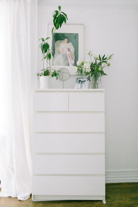 Tall Dresser Decor, Dresser Decor Bedroom, Frost Photography, White Spaces, Style Me Pretty Living, Manhattan Apartment, Tall Dresser, Attic Storage, Refined Wedding