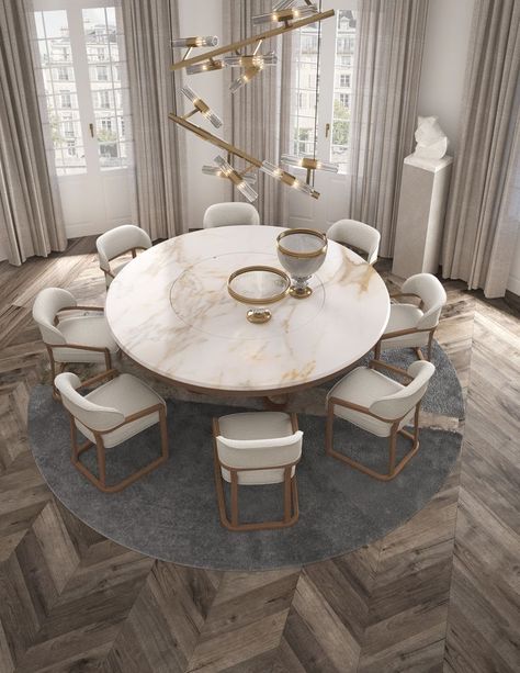 Byron table is a functional, sophisticated and complete artisanal piece. It gives dynamism to your sharing moments. Apartment Design Luxury, Luxury Apartment Interior, Luxury Apartment Interior Design, Luxury Apartments Interior, Barndominium Interior, Round Dining Room Sets, Plush Furniture, Table Marble, Elegant Chair