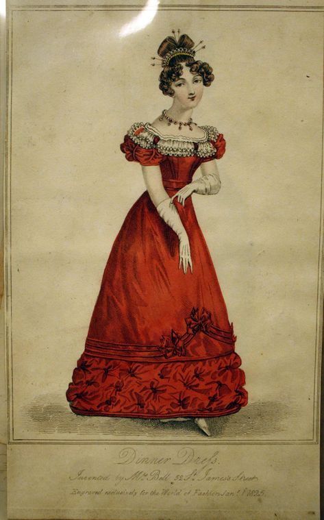 This is what people wore to dinner in 1825. Over the next few years, our sleeves kept getting bigger and puffier! 1825 Dress, 1825 Fashion, 1820 Dress, 1840 Dress, Romantic Era Fashion, Silhouette Mode, 1820s Fashion, Western Womens Fashion, Regency Fashion Plates