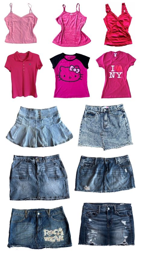 The y2k mystery bundle you've been dreaming of! Denim skirts and cute pink tops are some of the highlight staples of y2k 2000s fashion. This bundle comes with an adorable pink top and a denim mini skirts to mix and match and create your dream wardrobe. Bundle size options are:  * Small: Includes 1 top and 1 skirt for just $50 with FREE shipping! * Big: Includes 2 top and 1 skirt for just $65 with FREE shipping! * Haul: 2 tops and 2 skirts for only $95 with FREE shipping! Items in this bundle include handpicked cute pink tops and denim skirts that resonate with the shown trashy y2k mcbling aesthetic. If you'd like a bundle curated uniquely to your taste and style based on your Pinterest board, check out our fully personalized style bundles here https://www.etsy.com/listing/1698392348/person 2000s Denim Skirt Outfit, Mcbling Fits, 2000s Mini Skirt Outfit, Trashy Y2k Mcbling, Mcbling Clothes, Early 2000s Clothes, Mid 2000s Fashion, Cute Pink Tops, 2000s Mini Skirt