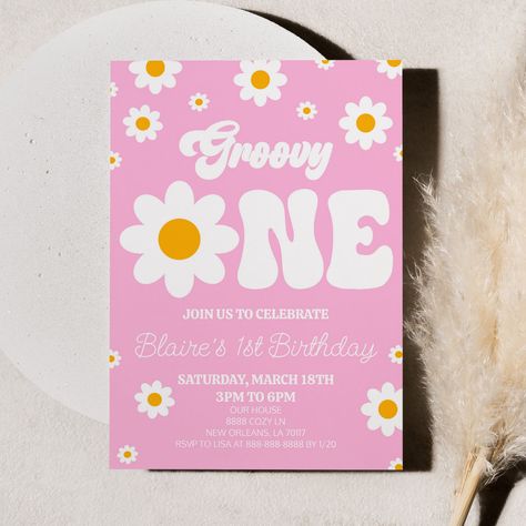 Flower Power Invitation, Groovy One, One Year Birthday, Birthday Party Design, 1st Birthday Party Invitations, 1st Birthday Party Themes, Retro Daisy, Pink Retro, Birthday Supplies