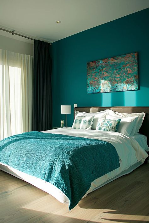 Turquoise Accent Wall Bedroom, White And Turquoise Bedroom, Teal And White Bedroom, Teal Bedroom Designs, Teal Bedroom Decor, Teal Accent Walls, Bedroom Turquoise, Teal Bedroom, Statement Rug