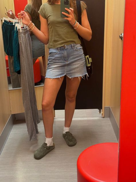 summer ootd, birkenstock bostons, jean mini skirt, baby tee Jean Mini Skirt, Summer Ootd, Jean Mini Skirts, Ootd Summer, Baby Tee, Infant Tees, Birkenstock, Clogs, Mini Skirt