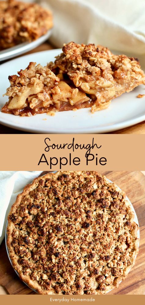 This homemade Sourdough Apple Pie features a flaky, buttery sourdough pie crust and a delicious oat streusel topping, both made with sourdough starter discard. The sweet, spiced apple filling pairs perfectly with the tangy crust and crunchy streusel. It's an easy dessert for Thanksgiving or any holiday, and you can make it the same day or ahead of time for a stress-free treat! Oat Crust Pie, Sourdough Apple Pie Crust, Sourdough Discard Apple Pie, Sourdough Apple Pie Recipes, Sourdough Oatmeal Cream Pie, Sourdough Strudel, Sourdough Apple Desserts, Sourdough Apple Crisp, Thanksgiving Sourdough Recipes