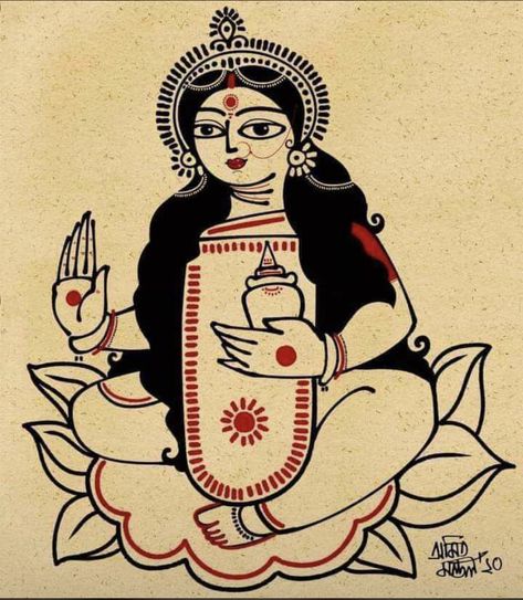 Laxmi Puja Drawing, Potochitra Painting, Maa Laxmi Drawing, Durgapuja Drawing, Bengali Art Paintings, Bengali Folk Art, Laxmi Painting, Lakshmi Art, Ancient Indian Art