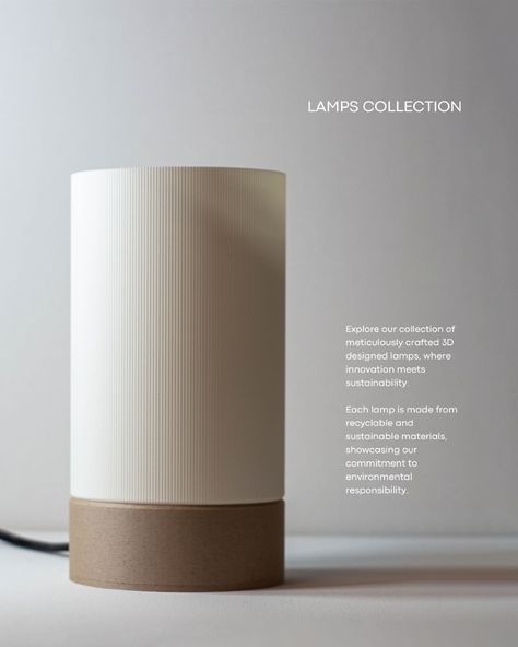 Lamps Collection. Lumina Lamp. Crafted from eco-friendly materials, this lamp features a sleek, contemporary design that adds elegance to any space. Lumina Lamp provides warm, ambient lighting, creating a cozy and inviting atmosphere while showcasing your commitment to environmentally conscious living. More information at wausdesign.com #3d #3dprinting #lamps #design #printeddesign #ecodesign Lamp 3d Print, Warm Ambient Lighting, Industrial Design Portfolio, Lamps Design, Concrete Light, 3d Printing Business, Ed Design, 3d Printing Art, 3d Lamp