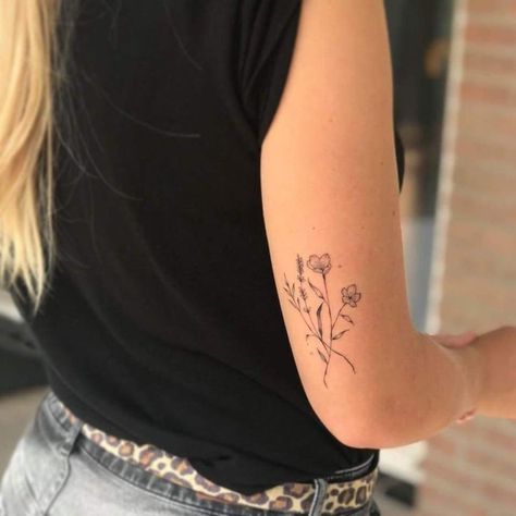 Above Elbow Tattoo, Tricep Tattoos, Simple Arm Tattoos, Boho Tattoos, Mommy Tattoos, Writing Tattoos, Elbow Tattoos, Flower Tattoo Arm, Petite Tattoos