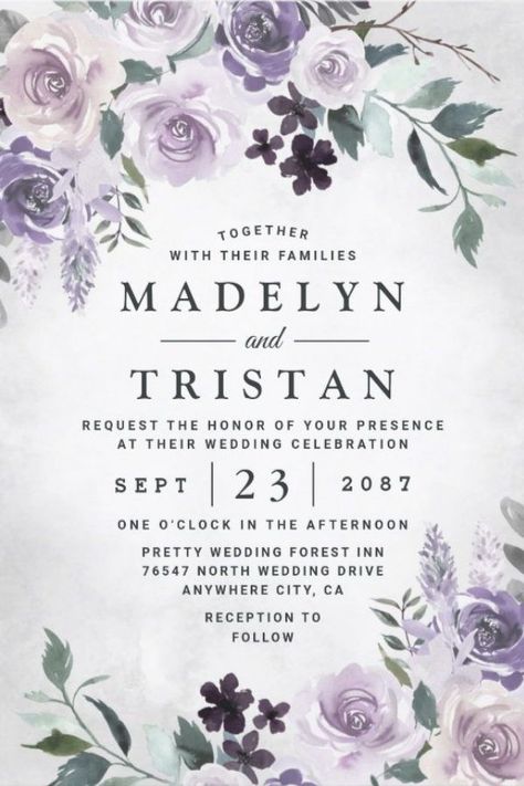 Dusty Purple and Silver Gray Floral Rustic Wedding Invitation Design features elegant watercolor floral elements in various shades of dusty purples, dark plum and more. Design also features various types of rustic greenery and branches with silver gray watercolor splashes within the corners for added style. If you prefer the invitation without the splashes, you can remove them on the front and back (there's two layers on each side that are used to create the splashes). Dusty Purple Wedding, Floral Rustic Wedding, Wood Wedding Invitations, Rustic Wedding Invitation, Dusty Blue Wedding, Navy Wedding Invitations, Purple And Silver, Dusty Blue Weddings, Blue Wedding Invitations