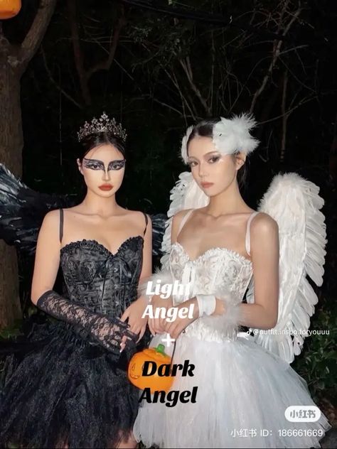 Light Angel, Pretty Halloween Costumes, Halloween Inspo, White Swan, Dark Angel, Black Swan, Couple Halloween Costumes, Couples Costumes, Baby Halloween