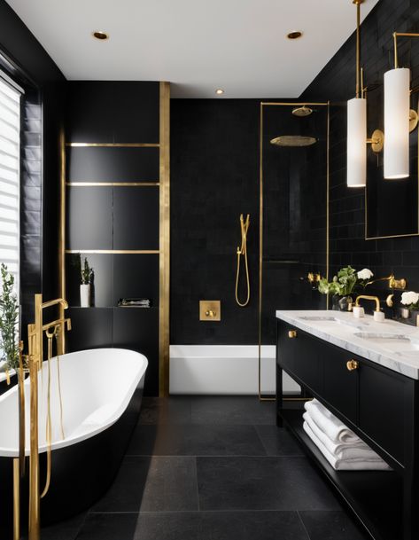 44 Bathroom Remodel Ideas 2025: Luxury Designs and Color Trends Black Bathroom Brass Fixtures, Bathrooms With Black Tile, Bathroom Ideas Gold Fixtures, Bathroom With Black Ceiling, Black Marble Bathroom Ideas, Gray And Black Bathroom, All Black Bathroom Ideas, Black White And Gold Bathroom, Luxury Bathroom Remodel