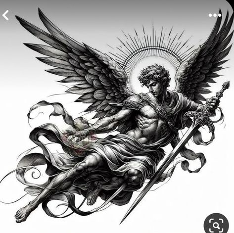 St Michael Tattoo Back, Orthodox Angel Tattoo, Greek Angel Tattoo, St Michael Tattoo Design, Angel Tattoo Sketch, Angel Tattoo Stencil, Angels With Trumpets, Saint Michael Tattoo, Artistic Photoshoot