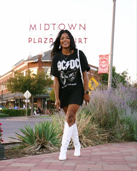 Oversized T-Shirt, white cowboy boots, fall outfit inspo, autumn outfit, black girl fall outfit Oversized Tshirt Tall Boots, Beyoncé Cowboy Boots, Rodeo Bunny Outfit, Brunch Outfit Cowboy Boots, Oversized Shirt With Cowboy Boots, T Shirt Dress Boots Outfit, Oversized Tshirt Cowgirl Boots, White Cowboy Boots Outfit Black Women, Oversized Tshirt Western Outfit