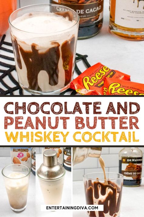 Made with Skrewball peanut butter whiskey and Godiva chocolate liqueur (or Creme de Cacao), this peanut butter whiskey cocktail tastes just like a Reese's peanut butter cup in liquid form. Perfect for any fall or winter get-together! Peanut Butter Cocktail, Butter Cocktail, Peanut Butter Whiskey, Reese's Peanut Butter Cup, Creamy Cocktails, Whiskey Recipes, Jello Shot, Whiskey Cocktail, Party Cocktails