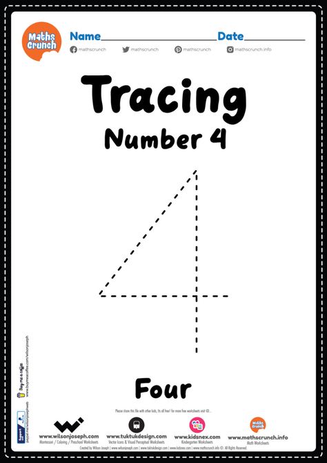 Tracing number 4 worksheet for kindergarten | Maths Crunch Number 4 Worksheet, Preschool Number Tracing, Alphabet Wall Cards, Math Division Worksheets, Math Preschool, Worksheet Preschool, Math Sheets, Mathematics Worksheets, Worksheets Kindergarten