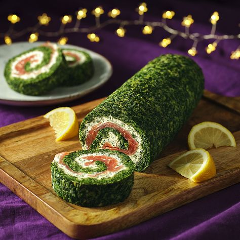 Christmas Day Smoked Salmon Roulade Recipe | Recipes from Ocado Salmon Roulade, Roulade Recipe, Christmas Lunch, Creamed Spinach, Food Platters, Smoked Salmon, Finger Foods, Christmas Food, Food And Drink