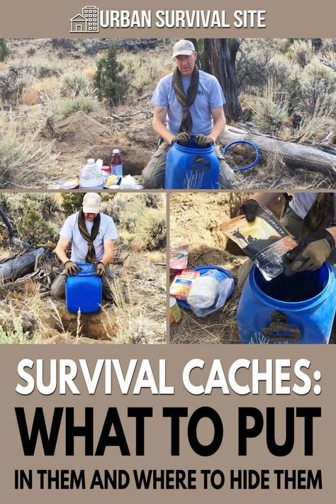 By keeping all of your survival supplies at any one location you are setting yourself up for disaster. This is where survival caches come in. Canadian Prepper, Survival Gear List, Survival Cache, Survival Prepping Diy, Survival Skills Emergency Preparedness, Off Grid Survival, Shtf Survival, Survival Ideas, Survival Items