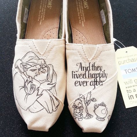 Toms Shoes Outfits, Beauty And Beast Wedding, Wedding Disney, Disney Toms, Disney Wedding Theme, Custom Made Shoes, Disney Shoes, Hand Painted Shoes, Disney Beauty And The Beast