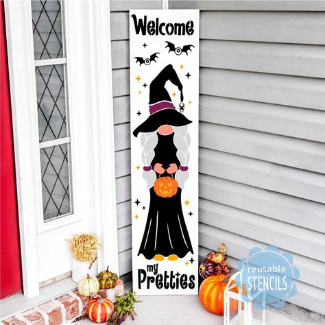 Welcome my pretties! This witchy gnome is ready to greet your trick or treaters on Halloween. This stencil bundle includes cute witch gnome holding a pumpkin bucket surrounded by some starry magic. Paint it in a variety of colors for a different look each time.⁠ ⁠ The stencil includes 3-4 layers / made with reusable 10mil mylar that can be washed and reused many times.⁠ Stencils are a great way to give a heartfelt homemade gift. Create memories, build friendships, or grow grow existing relat... Witch Stencil, Gnome Witch, Porch Boards, Witch Gnome, Halloween Party Decor Diy, Pumpkin Bucket, Halloween Wood Crafts, Girl Gnome, Tole Painting Patterns