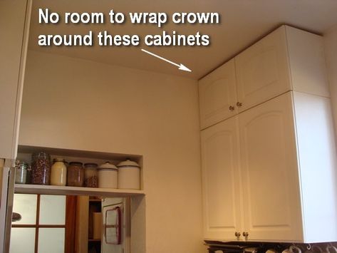 Tiny Crown Molding, Crown Molding Return, Kitchen Cabinets No Crown Molding, Small Crown Molding Ceilings, Cabinets Without Crown Molding, Kitchen Cabinets Without Crown Molding, Small Crown Molding, Crown Molding On Kitchen Cabinets, Different Color Kitchen Cabinets