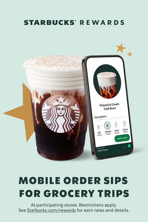 Mobile order at Starbucks cafés in even more grocery stores! Grab your favorite drinks and treats, then sip while you shop. And don’t forget: Starbucks® Rewards members can earn Stars at cafés in grocery stores and redeem them for free food, drink and merchandise. Order At Starbucks, Beauty Hacks Eyelashes, Drinks And Food, Starbucks Rewards, Pistachio Cream, How To Order Starbucks, At Starbucks, Mood And Tone, Promotional Design