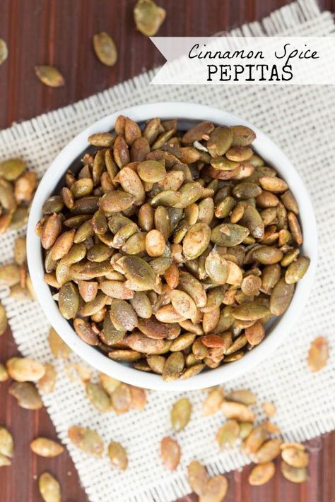 Cinnamon Spice Pepitas - an easy and healthy snack! Combine a few ingredients and roast for 5 minutes and you have a snack ready in less than 10 minutes! Paleo Fall Recipes, Pumpkin Seed Recipes, Roasted Pumpkin Seeds, Autoimmune Protocol, Crunchy Snack, Roast Pumpkin, Cinnamon Spice, Savory Snacks, Pumpkin Seeds