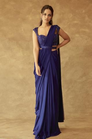 Shop for Pritika Vora Blue Organza Silk Pre-draped Saree With Embroidered Blouse for Women Online at Aza Fashions Saree Outfits, Blouse Organza, Saree Pins, Saree Jacket Designs, Sleeveless Blouse Designs, Saree Jackets, Saree Georgette, Draped Saree, Simple Saree Designs