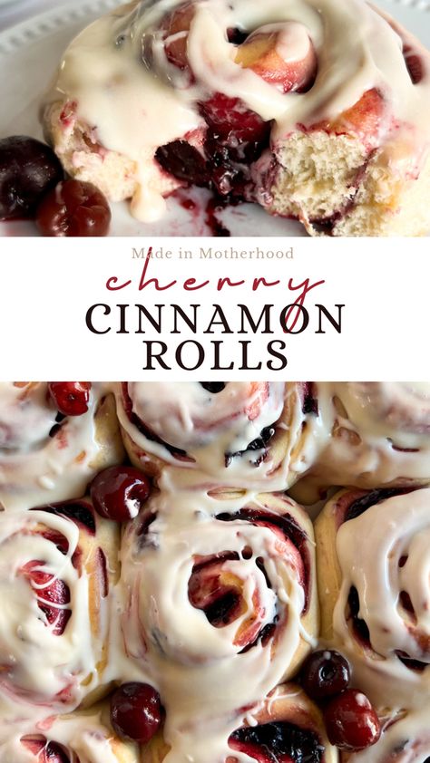 A cherry cinnamon roll topped with cream cheese frosting. Cherry Cinnamon Rolls, Cherry Rolls, Homemade Cherry Pie Filling, Homemade Cherry Pie, Sweet Roll Recipe, Breakfast Sweets, Cherry Recipes, Cinnamon Rolls Homemade, Cinnamon Rolls Recipe