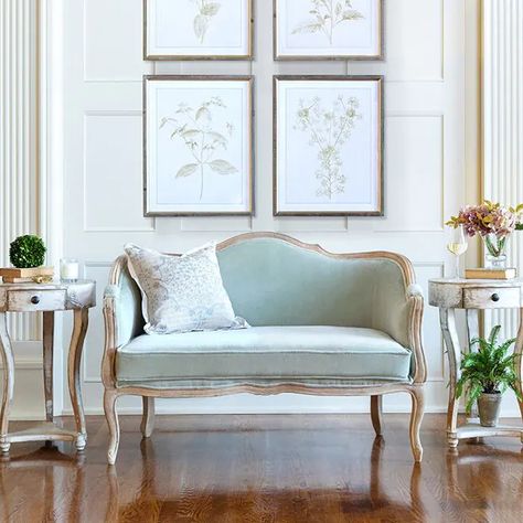 Romantic Furniture, Vintage Loveseat, Painted Fox Home, French Style Bed, French Country Furniture, Country Furniture, Living Room Spaces, French Country Style, Antique Farmhouse