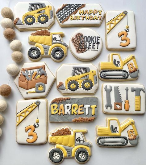 Digger Cookies, Construction Birthday Cookies, Cool Party Ideas, Construction Cookies, Construction Theme Birthday Party, Flooding Cookies, Construction Cake, 2nd Birthday Boys, Birthday Designs