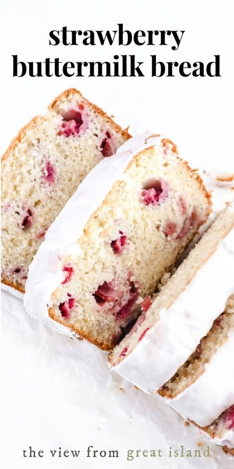 Strawberry Buttermilk Bread is fluffy, and so easy to whip up you'll make this strawberry loaf cake on repeat all season long!#strawberry #breakfast #coffeecake #quickbread #recipe #easy Strawberry Loaf Cake, Strawberry Loaf, Strawberry Bread Recipes, Strawberry Cake Easy, Buttermilk Bread, The View From Great Island, Strawberry Breakfast, Loaf Cake Recipes, Strawberry Bread