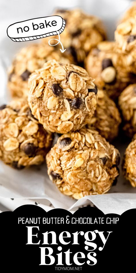 Peanut Butter No-Bake Energy Bites. Conquer your hunger guilt-free and snack on something healthy and delightful like these easy homemade protein balls, they taste like cookie dough! Who can say no to that?! PRINTABLE RECIPE at TidyMom.net Breakfast Energy, Healthy Snack Packs, Energy Breakfast, Peanut Butter Energy Balls, No Bake Energy, Peanut Butter Energy Bites, Breakfast Protein, Energy Balls Healthy, Packed Breakfast