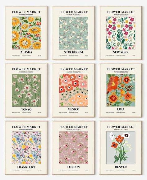 PRICES MAY VARY. 【Flower Market Wall Art Prints】 The size of the flower print is: 8x10inch (20x25cmx9pcs). Each art poster has a different flower pattern with city name on it, unique and elegant. With abstract style and neutral tones, the vintage floral gallery wall art is the best choice for Housewarming gifts or gallery decoration. 【Pefect Posters for Room Aesthetic Decor】 The nature-themed aesthetic prints with various color, can easily mix and match different home styles to create an elegant Market Poster, Dorm Wall Art, Flower Market Poster, Floral Room, Dorm Walls, Boho Room Decor, Mural Floral, Boho Room, Abstract Flower