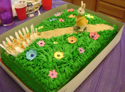 peter rabbit - 1/2 sheet cake with peter heading to his carrot garden . fence and carrots are fondant with grahm cracker crumb trail and a plaster figurine Easter Sheet Cakes, Easter Birthday Cake, Carrot Garden, Easter Cake Decorating, Barbie Doll Birthday Cake, Cake Carrot, Doll Birthday Cake, Birthday Sheet Cakes, Easter Bunny Cake