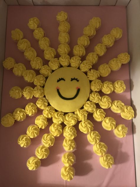 Sunshine Favor Ideas, Sun Cake With Cupcakes, 1st Trip Around The Sun Birthday Cupcakes, You Are My Sunshine Balloons, Youre My Sunshine Party 1st Birthdays, Fun In Sun Birthday Party, Sun Cake And Cupcakes, First Trip Around The Sun Birthday Party Cupcakes, You Are My Sunshine Shower Ideas