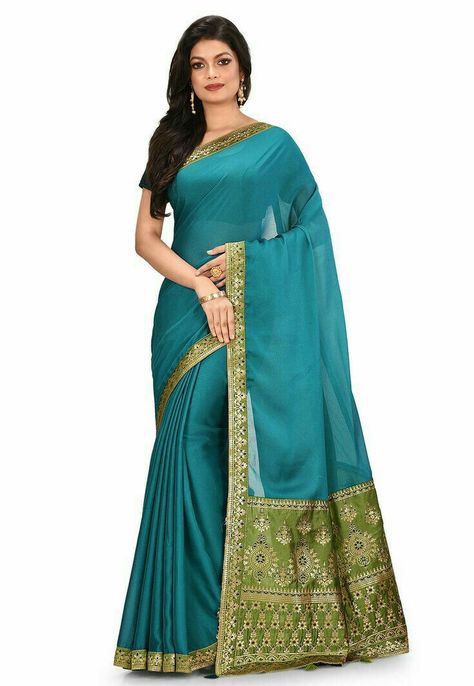 Vs Image, Stylish Sarees, Georgette Saree, Georgette Sarees, Silk Blouse, Teal Blue, Contrasting Colors, Olive Green, Tassels