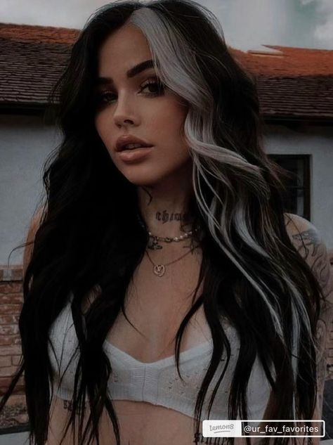 Money Piece Hair Dye Ideas, Black Hair With Front Pieces, Hottest Brunette Hair Color, Black Hair With Blonde Money Piece Only, Black Blonde Money Piece, One Piece Dyed Hair, Peekaboo Color Lash Extensions, Strip Of Blonde In Black Hair, Dark Hair With One Streak Of Color