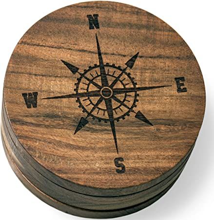 Compass Rose V2 (Nautical) Drink Coasters (Multiple Designs) - Engraved Acacia Wood Design - Set of Four Wood Burned Gifts, Rose Drink, Beach Coasters, Drink Coaster Design, Nautical Compass, Bar Coasters, New Homeowner Gift, Cnc Projects, Wood Works