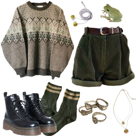 Mushroom Hunting Outfit, Village Core Outfit, Campcore Aesthetic Outfits, Paleocore Outfit, Environmental Science Aesthetic Outfit, Outfit Ideas Goblincore, Forest Aesthetic Clothes, Earth Tone Summer Outfits, Mosscore Outfit